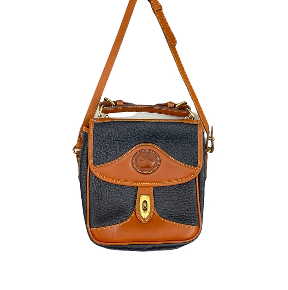 Dooney & Bourke Square Carrier Navy and Tan Crossbody Bag with Vintage Design